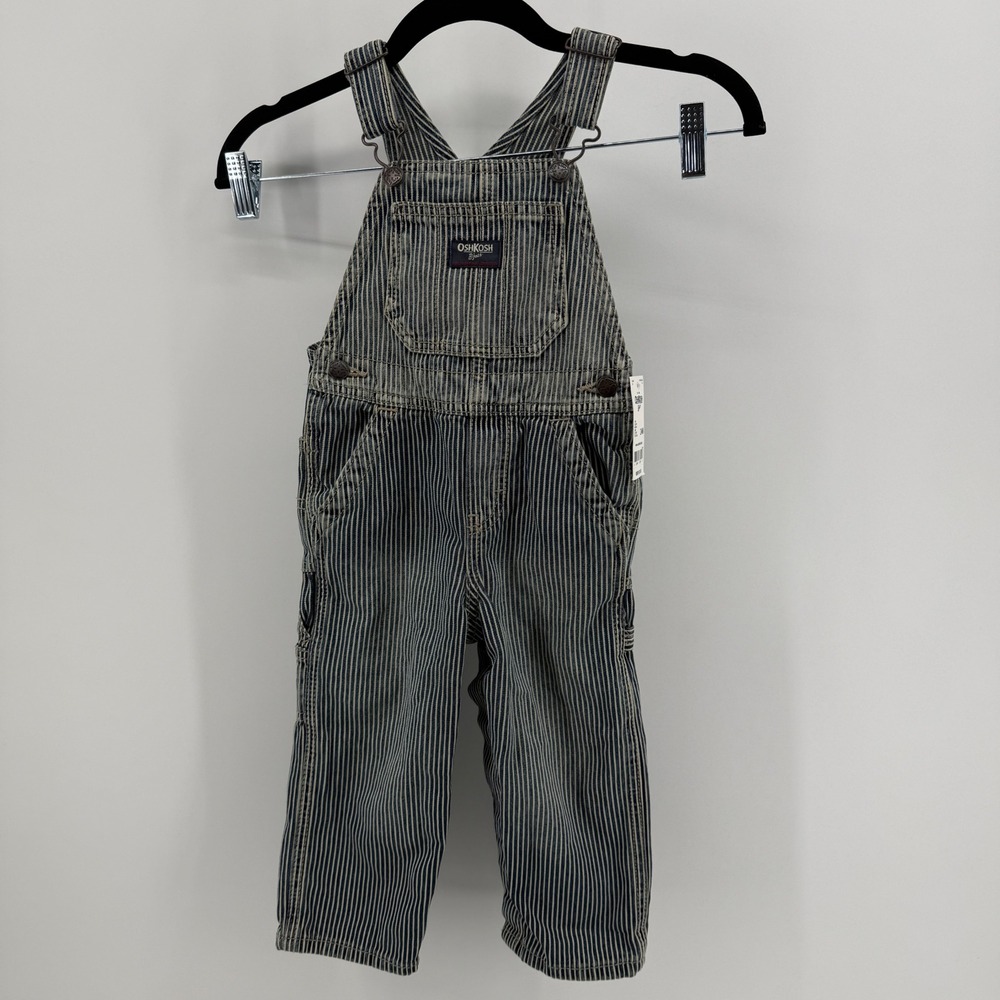 OshKosh‎ Bgosh Toddler Hickory Stripe Overalls Blue White 24M train conductor